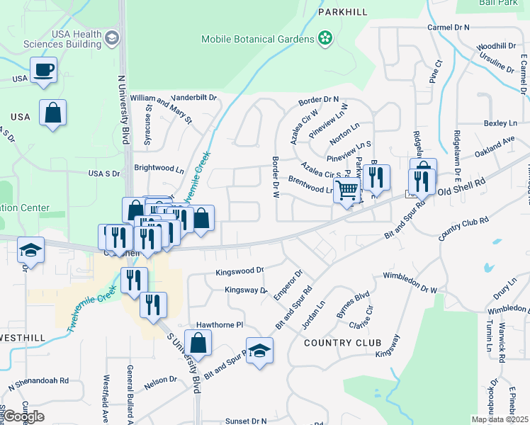 map of restaurants, bars, coffee shops, grocery stores, and more near 112 East Hilltop Drive in Mobile