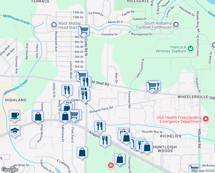 map of restaurants, bars, coffee shops, grocery stores, and more near 7001 Old Shell Road in Mobile