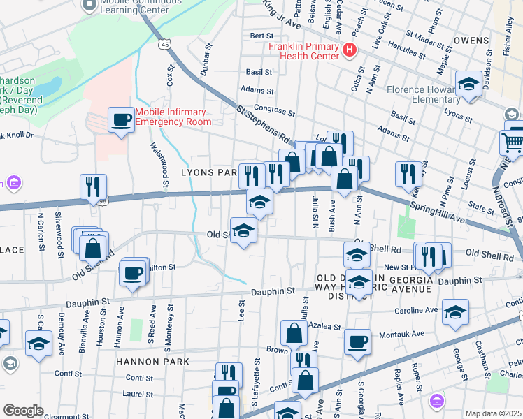 map of restaurants, bars, coffee shops, grocery stores, and more near 117 North Lafayette Street in Mobile
