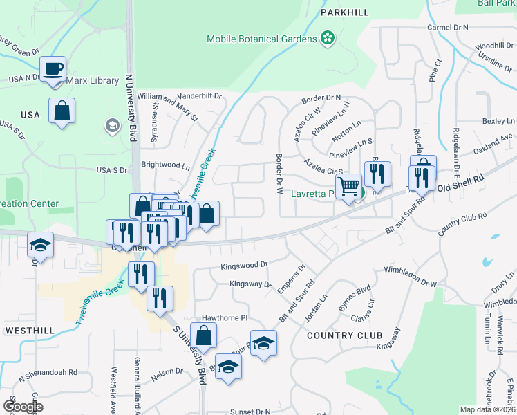 map of restaurants, bars, coffee shops, grocery stores, and more near 112 East Hilltop Drive in Mobile