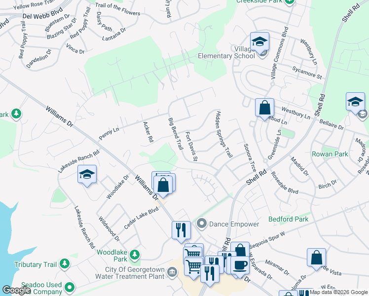 map of restaurants, bars, coffee shops, grocery stores, and more near 5036 Big Bend Trail in Georgetown
