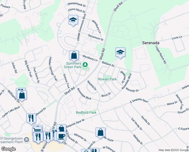 map of restaurants, bars, coffee shops, grocery stores, and more near 509 Pinon Cove in Georgetown