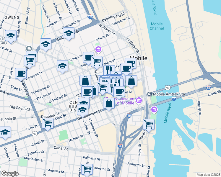 map of restaurants, bars, coffee shops, grocery stores, and more near 12 North Joachim Street in Mobile