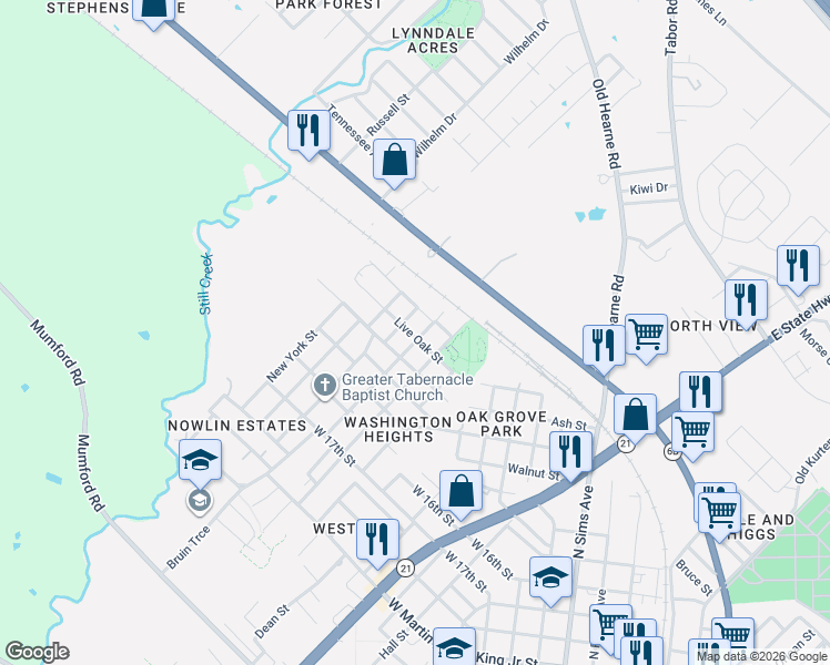 map of restaurants, bars, coffee shops, grocery stores, and more near 1505 Rollins Avenue in Bryan