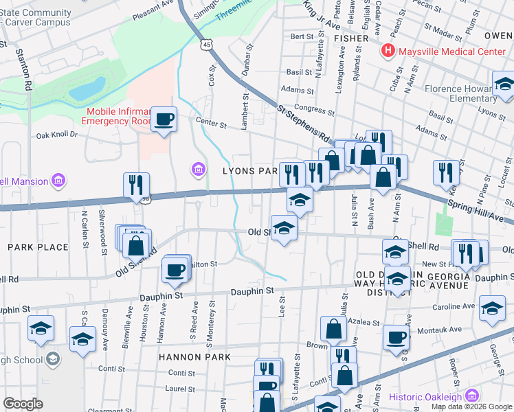 map of restaurants, bars, coffee shops, grocery stores, and more near 1557 Springhill Avenue in Mobile