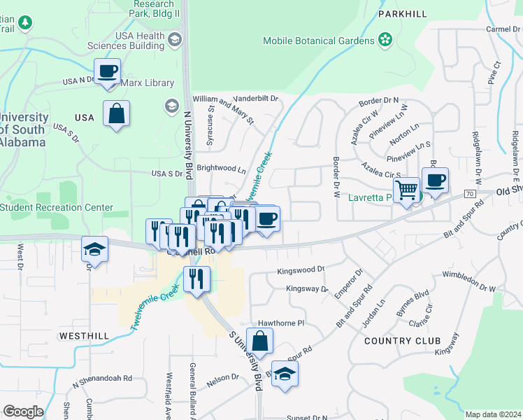 map of restaurants, bars, coffee shops, grocery stores, and more near 111 Hilltop Court in Mobile