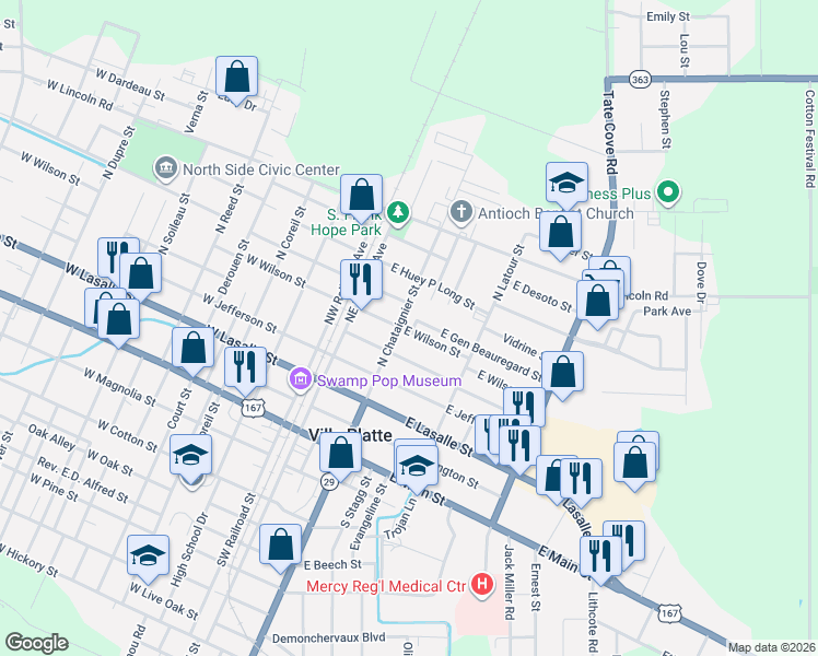 map of restaurants, bars, coffee shops, grocery stores, and more near 201 East Gen Beauregard Street in Ville Platte