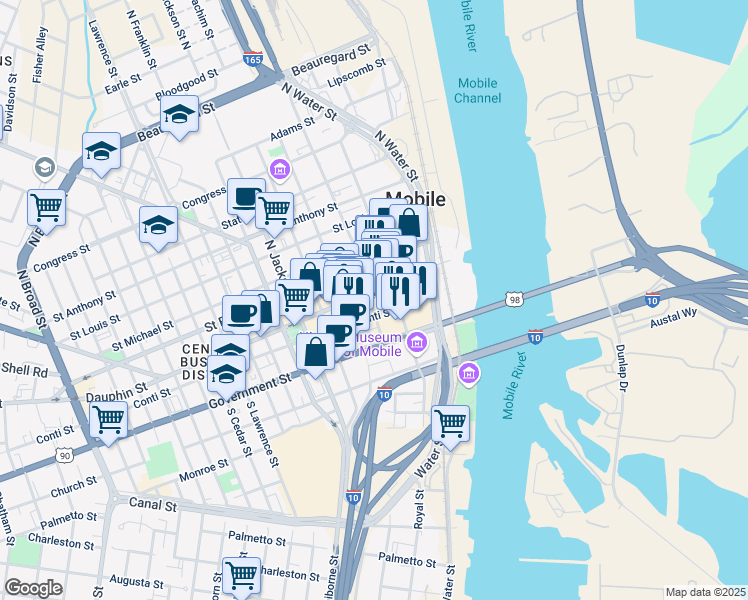 map of restaurants, bars, coffee shops, grocery stores, and more near 127 Dauphin Street in Mobile