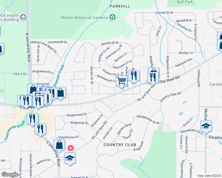 map of restaurants, bars, coffee shops, grocery stores, and more near 5209 Greenwood Lane in Mobile