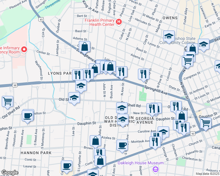map of restaurants, bars, coffee shops, grocery stores, and more near 125 Bush Avenue in Mobile