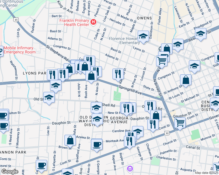 map of restaurants, bars, coffee shops, grocery stores, and more near 155 Michael Donald Avenue in Mobile