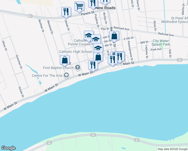 map of restaurants, bars, coffee shops, grocery stores, and more near 635 Main Street in New Roads