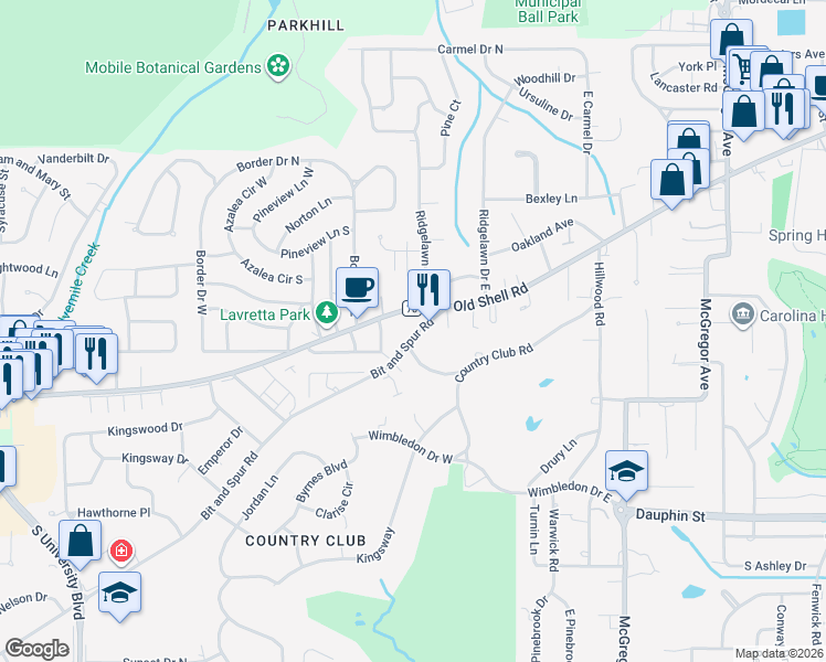 map of restaurants, bars, coffee shops, grocery stores, and more near 1-4231 Bit and Spur Road in Mobile
