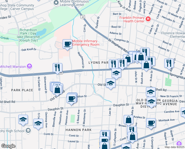 map of restaurants, bars, coffee shops, grocery stores, and more near 1621 Spring Hill Avenue in Mobile