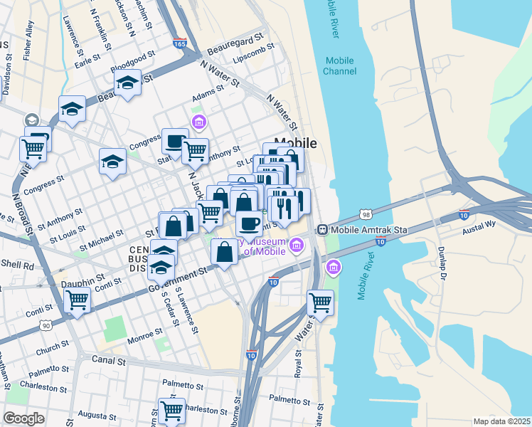 map of restaurants, bars, coffee shops, grocery stores, and more near 20 S Royal St in Mobile