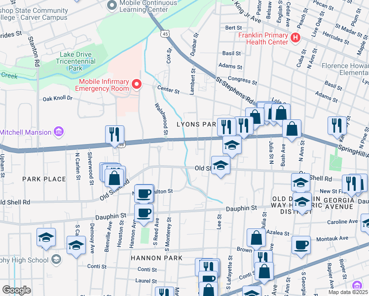 map of restaurants, bars, coffee shops, grocery stores, and more near 1621 Spring Hill Avenue in Mobile