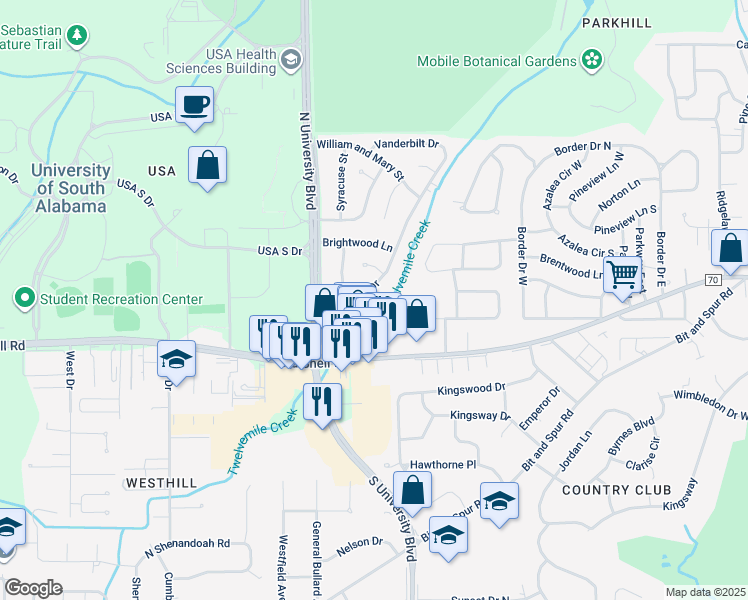map of restaurants, bars, coffee shops, grocery stores, and more near 112 Vanderbilt Drive in Mobile