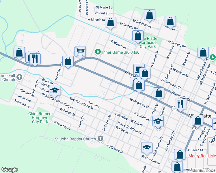map of restaurants, bars, coffee shops, grocery stores, and more near 1001-1021 West Magnolia Street in Ville Platte