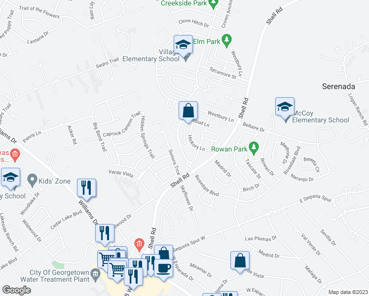 map of restaurants, bars, coffee shops, grocery stores, and more near 133 Village Commons Boulevard in Georgetown