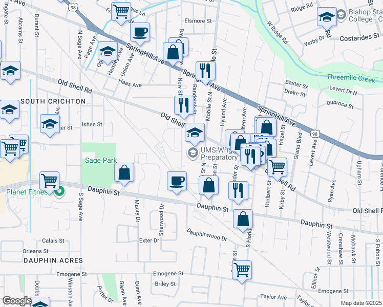 map of restaurants, bars, coffee shops, grocery stores, and more near 65 Mobile Street North in Mobile