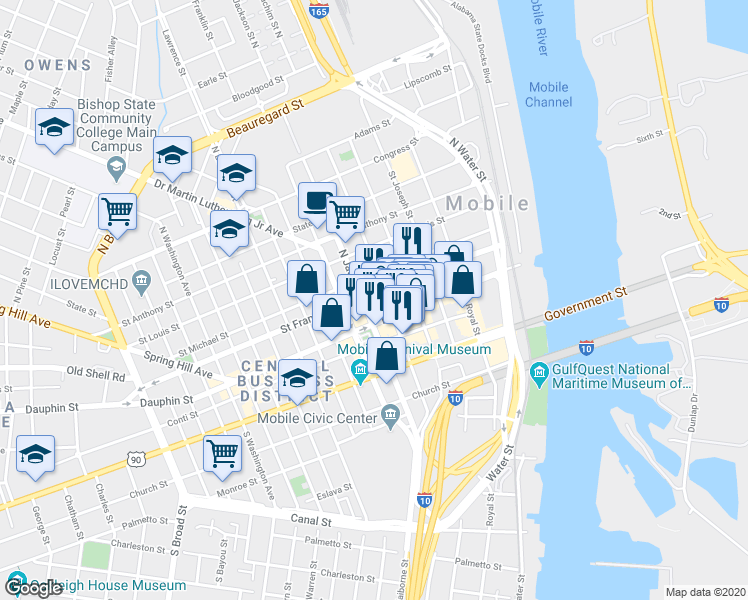 map of restaurants, bars, coffee shops, grocery stores, and more near 255 St Francis St in Mobile