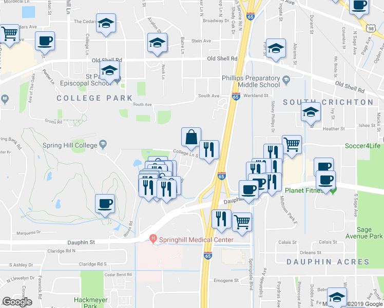 map of restaurants, bars, coffee shops, grocery stores, and more near 102C Du Rhu Drive in Mobile