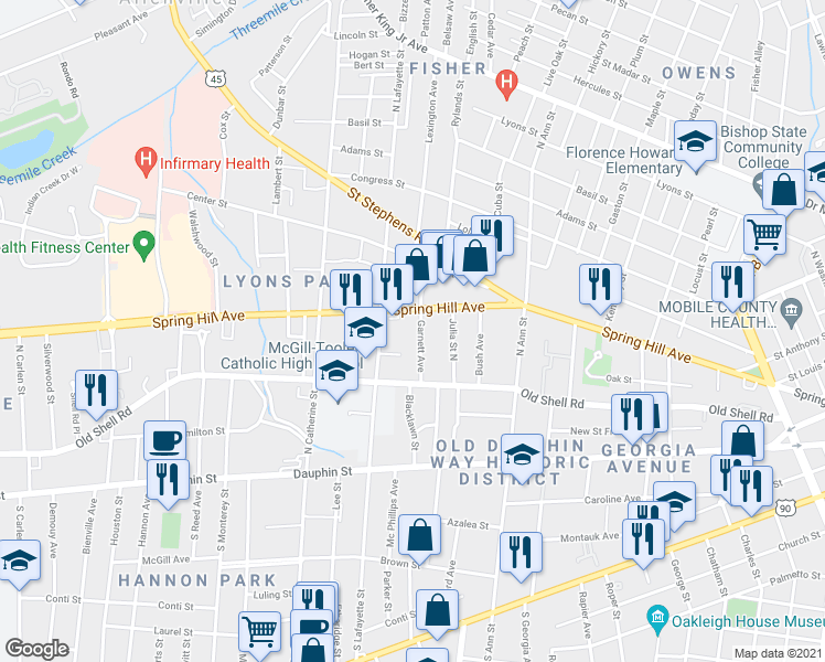 map of restaurants, bars, coffee shops, grocery stores, and more near 125 Garnett Avenue in Mobile