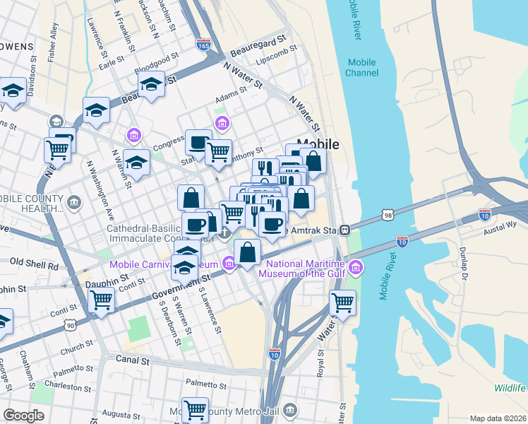 map of restaurants, bars, coffee shops, grocery stores, and more near 127 Dauphin Street in Mobile