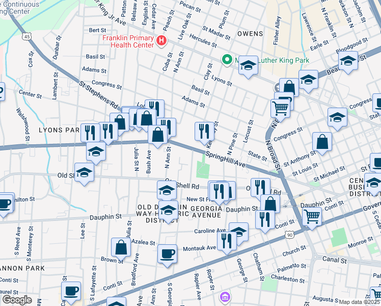 map of restaurants, bars, coffee shops, grocery stores, and more near 1201 SpringHill Avenue in Mobile