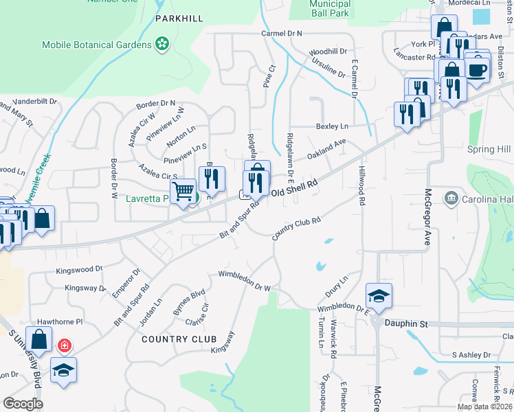 map of restaurants, bars, coffee shops, grocery stores, and more near 1 Bit and Spur Road in Mobile