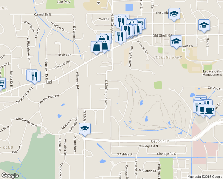 map of restaurants, bars, coffee shops, grocery stores, and more near 3929 Yester Place in Mobile