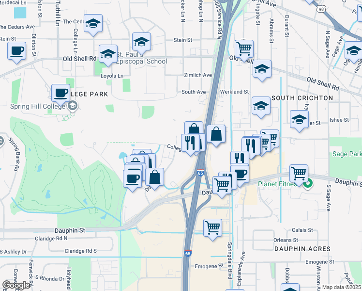 map of restaurants, bars, coffee shops, grocery stores, and more near 102C Du Rhu Drive in Mobile