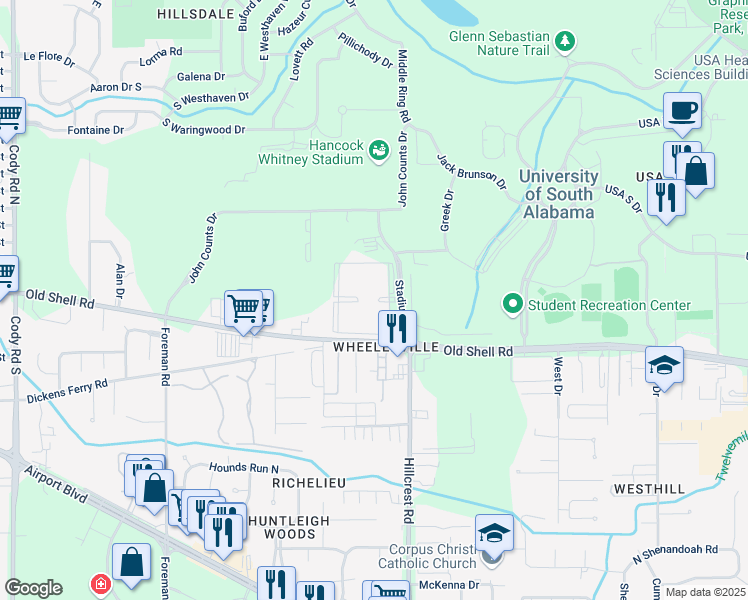 map of restaurants, bars, coffee shops, grocery stores, and more near 175 Cleverdon Parkway in Mobile