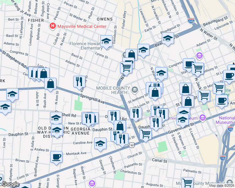 map of restaurants, bars, coffee shops, grocery stores, and more near 915-999 State Street in Mobile