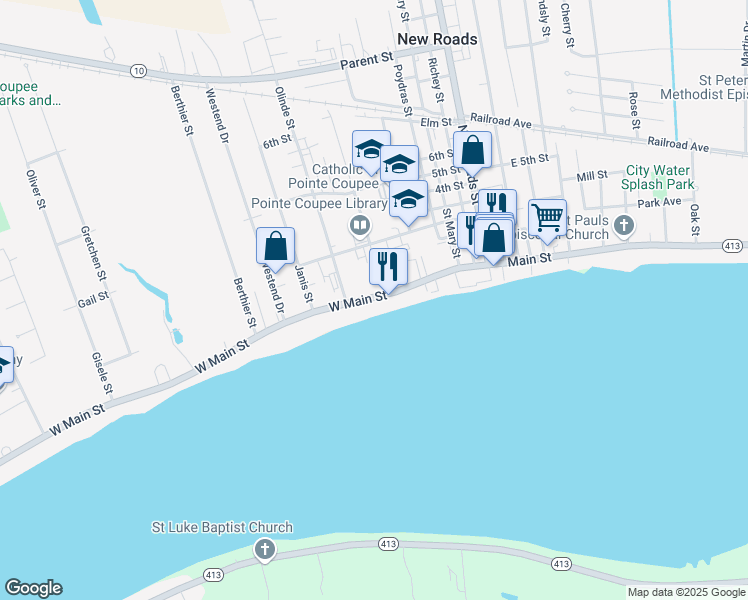 map of restaurants, bars, coffee shops, grocery stores, and more near 659 West Main Street in New Roads