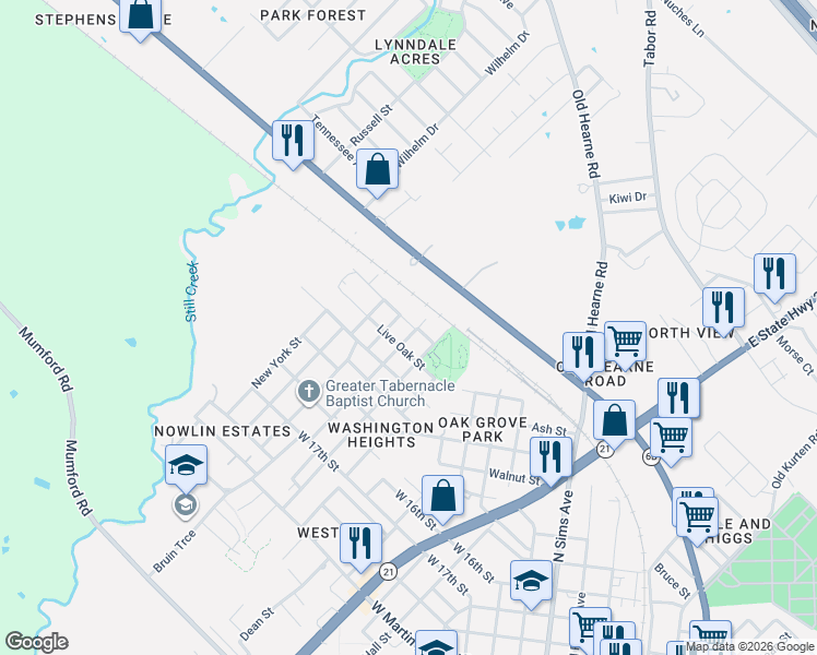 map of restaurants, bars, coffee shops, grocery stores, and more near 1505 Rollins Avenue in Bryan