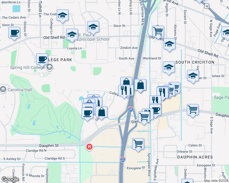 map of restaurants, bars, coffee shops, grocery stores, and more near 102C Du Rhu Drive in Mobile