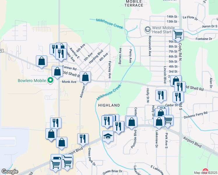 map of restaurants, bars, coffee shops, grocery stores, and more near 7513 Tanner Road in Mobile