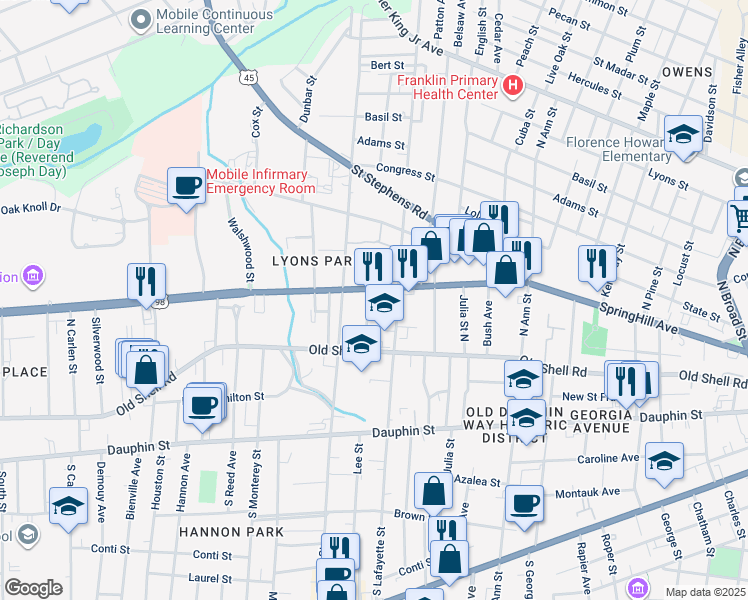 map of restaurants, bars, coffee shops, grocery stores, and more near 117 North Lafayette Street in Mobile