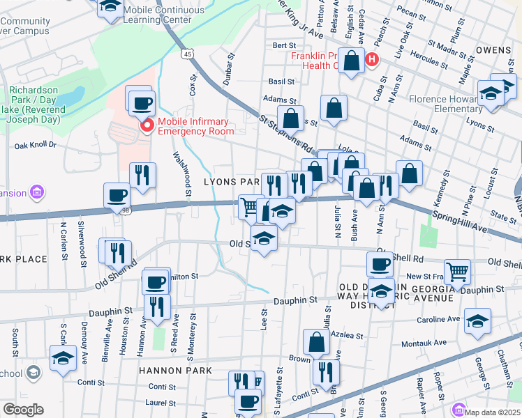 map of restaurants, bars, coffee shops, grocery stores, and more near 115 Providence Street in Mobile