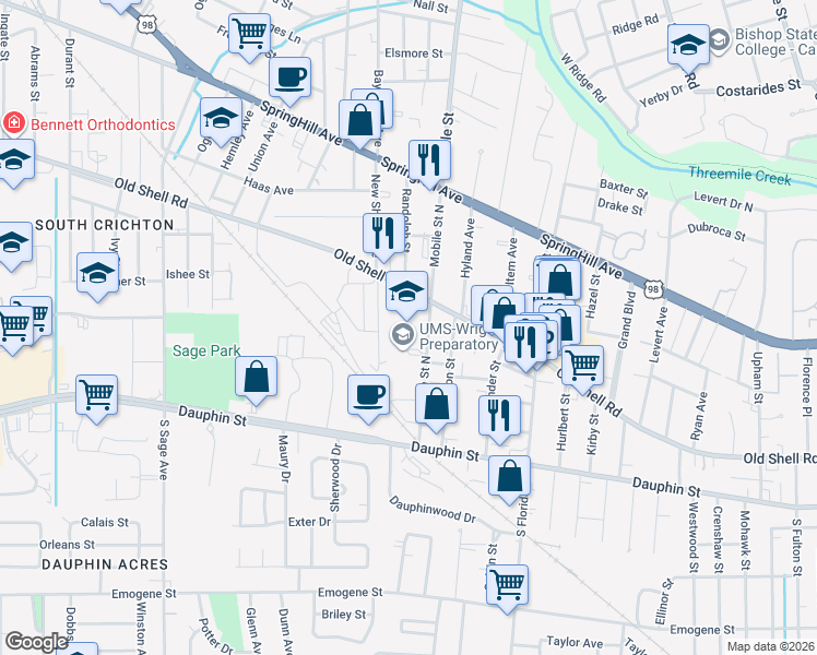 map of restaurants, bars, coffee shops, grocery stores, and more near 65 Mobile Street North in Mobile