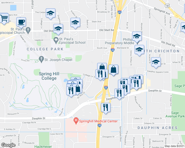 map of restaurants, bars, coffee shops, grocery stores, and more near 102C Du Rhu Drive in Mobile