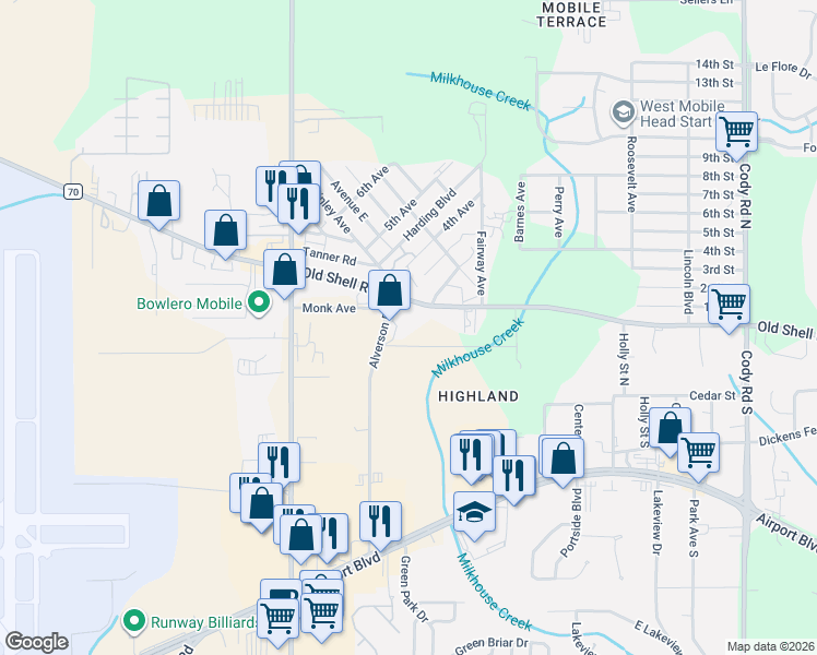map of restaurants, bars, coffee shops, grocery stores, and more near Wilson Street in Mobile