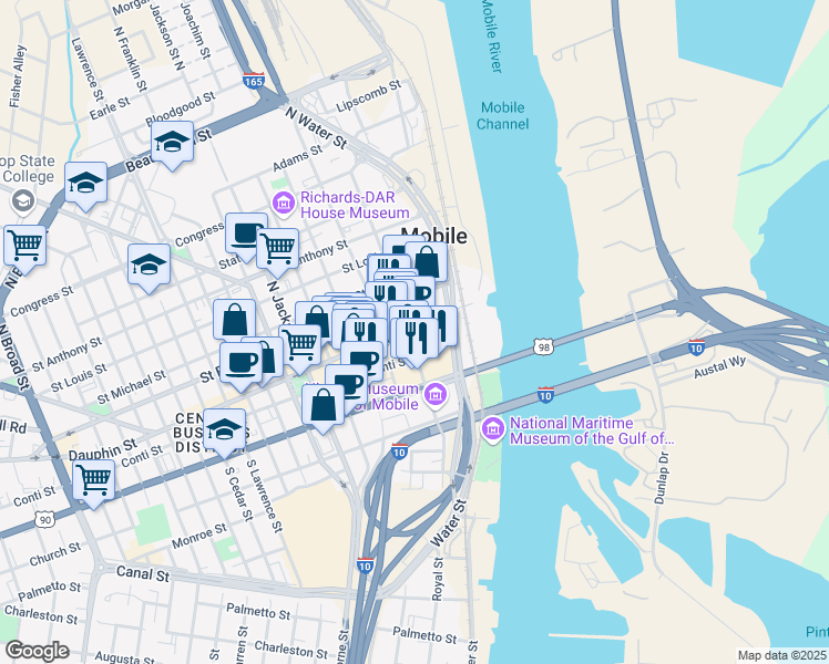 map of restaurants, bars, coffee shops, grocery stores, and more near 51 Dauphin Street in Mobile