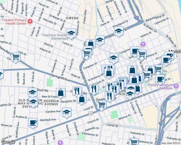 map of restaurants, bars, coffee shops, grocery stores, and more near 800 Saint Anthony Street in Mobile