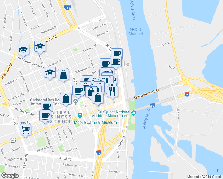 map of restaurants, bars, coffee shops, grocery stores, and more near 1 South Royal Street in Mobile
