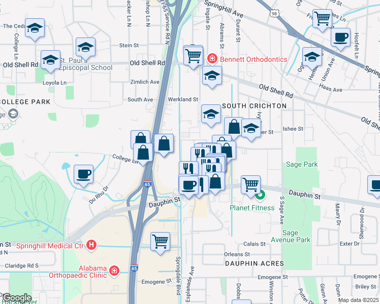 map of restaurants, bars, coffee shops, grocery stores, and more near 3250 Dauphin Street in Mobile