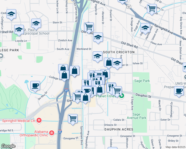 map of restaurants, bars, coffee shops, grocery stores, and more near 3250 Dauphin Street in Mobile