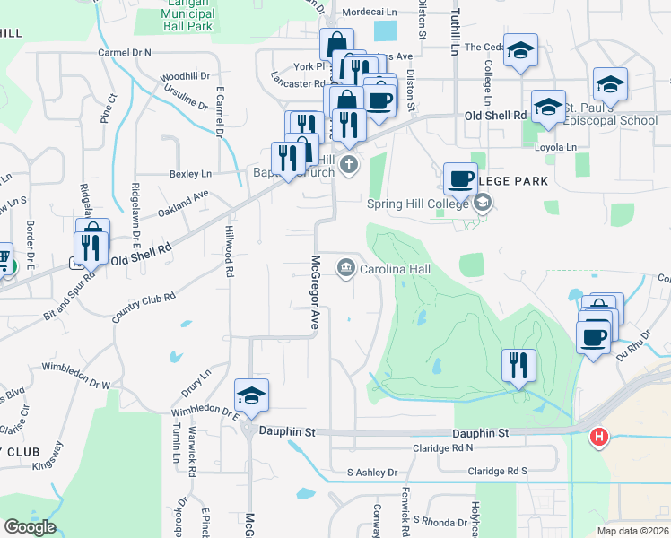 map of restaurants, bars, coffee shops, grocery stores, and more near 3929 Yester Place in Mobile