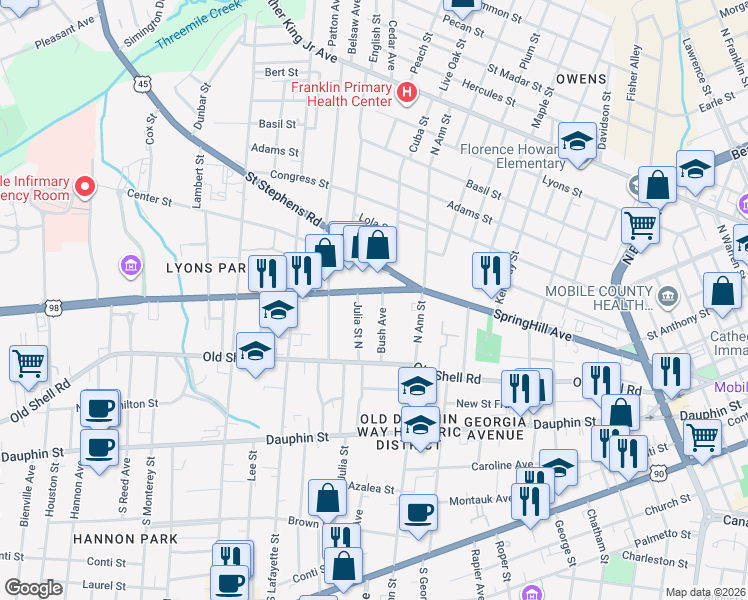 map of restaurants, bars, coffee shops, grocery stores, and more near 1301-1325 Center Street in Mobile